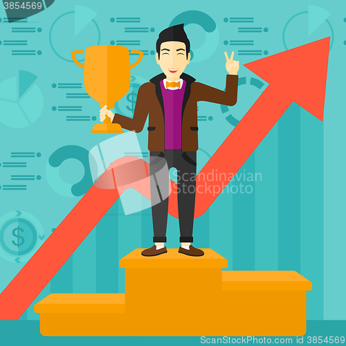 Image of Cheerful man on pedestal.