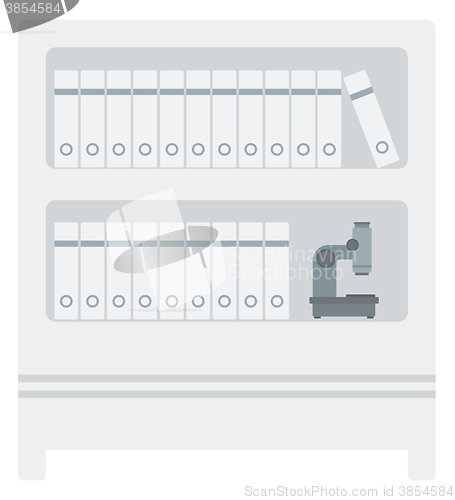 Image of Shelves with folders and microscope.