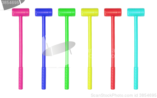 Image of Collection of large toy hammers isolated