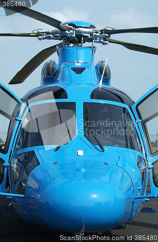 Image of Front view of blue helicopter