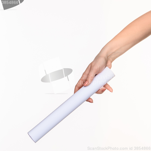 Image of The cylinder female hands on white background