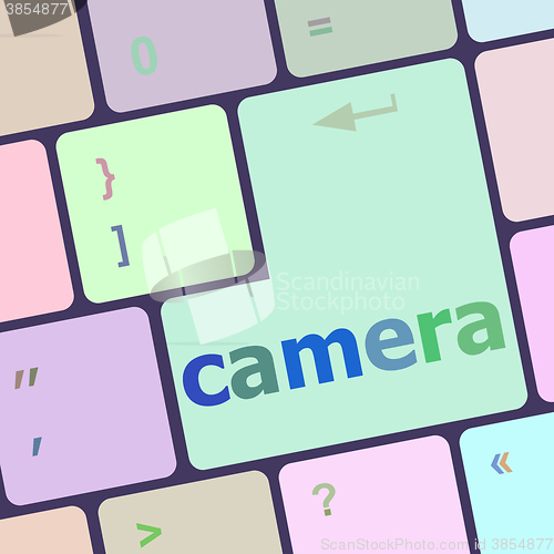 Image of camera word on keyboard key, notebook computer button vector illustration