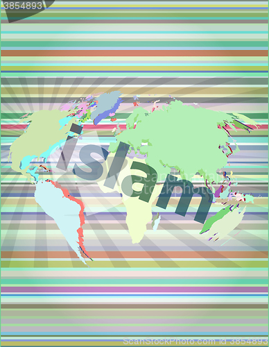 Image of islam, hi-tech background, digital business touch screen vector illustration