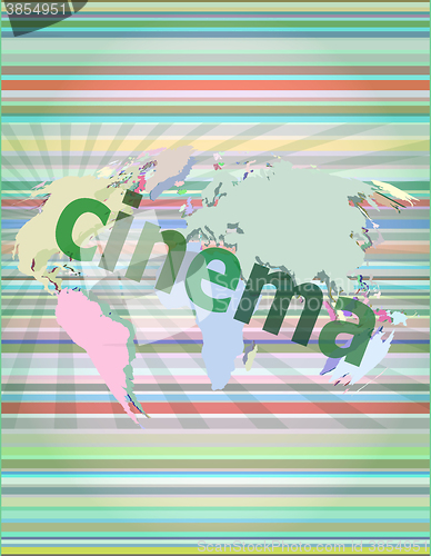 Image of cinema word on digital screen with world map vector illustration