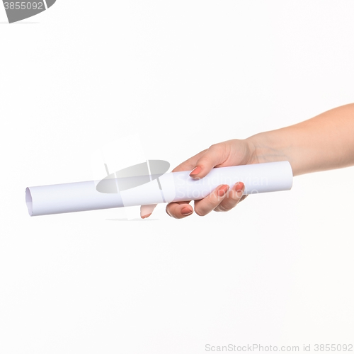 Image of The cylinder female hands on white background