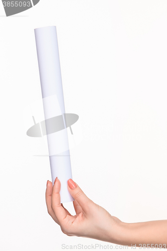 Image of The cylinder female hands on white background