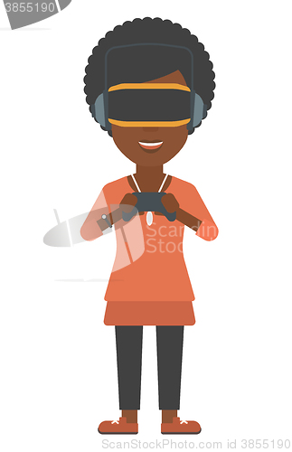 Image of Woman wearing virtual reality headset.