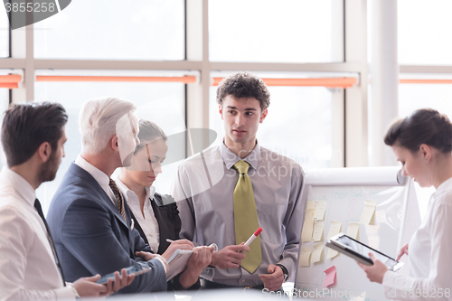 Image of young startup businessman making presentation to senior investio