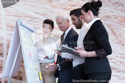 Image of business people group brainstorming and taking notes to flipboar