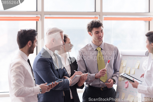 Image of young startup businessman making presentation to senior investio