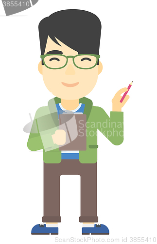 Image of Man standing with pen and file in hands.