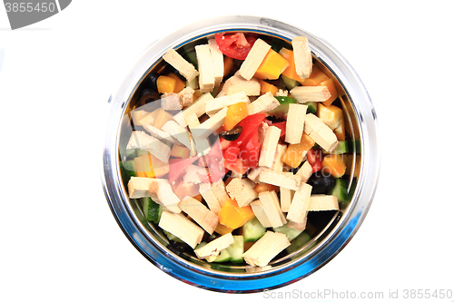 Image of tofu salad in the steel bowl