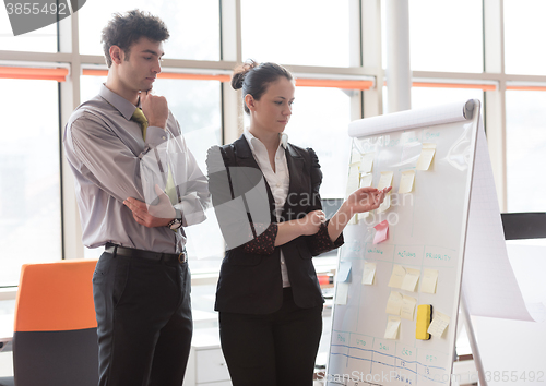 Image of young couple working on flip board at office