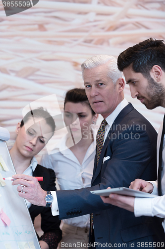 Image of business people group brainstorming and taking notes to flipboar