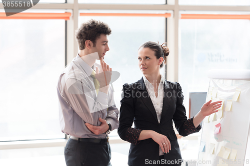 Image of young couple working on flip board at office