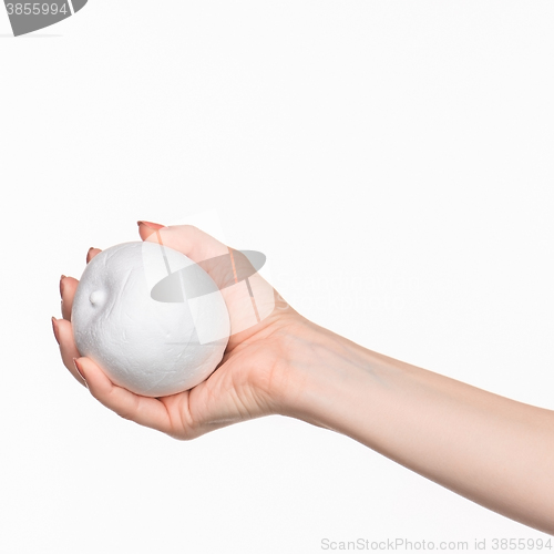 Image of The female hand holding white blank styrofoam oval 