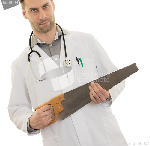 Image of Crazy doctor is holding a big saw in his hands