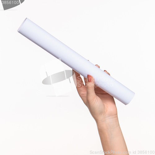 Image of The cylinder female hands on white background