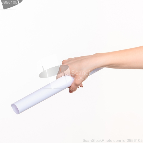 Image of The cylinder female hands on white background