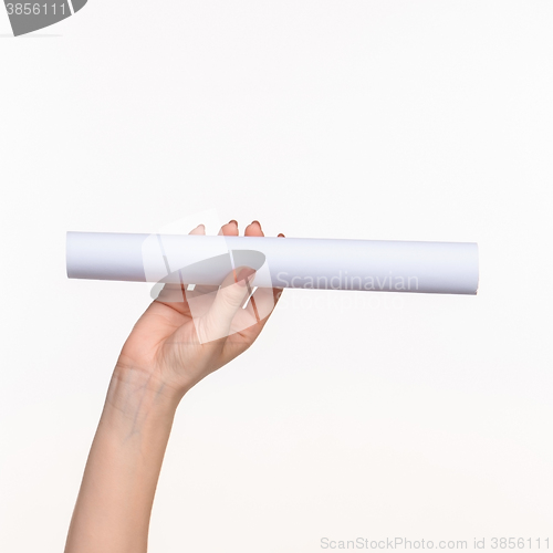 Image of The cylinder female hands on white background