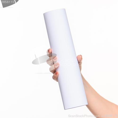 Image of The cylinder female hands on white background