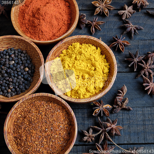 Image of Colorful spice powder, chilli, pepper, turmeric, cashew 