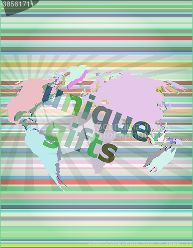 Image of unique gifts text on digital touch screen - holiday concept vector illustration