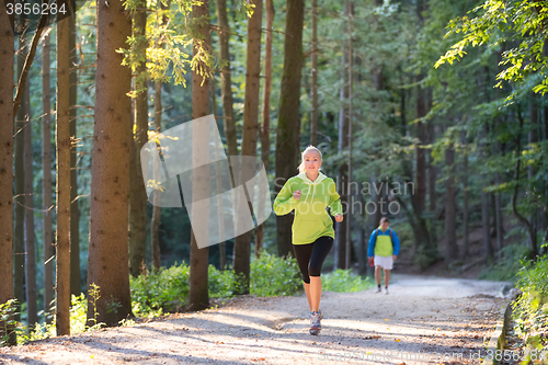 Image of Pretty young girl runner in the forest. 