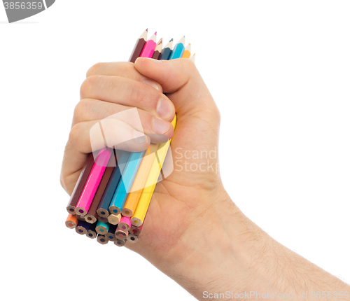 Image of Used pencils in hand isolated