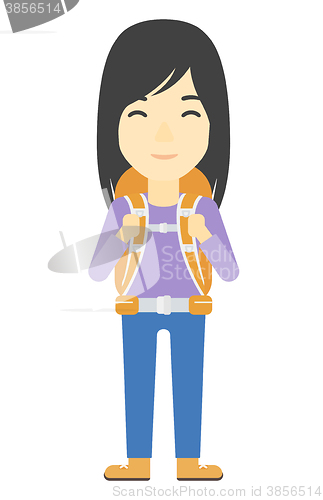 Image of Cheerful woman with backpack .
