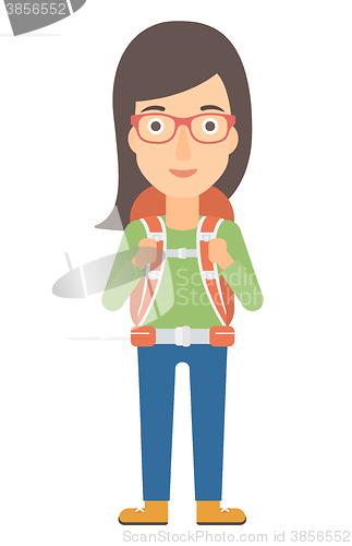 Image of Cheerful woman with backpack .
