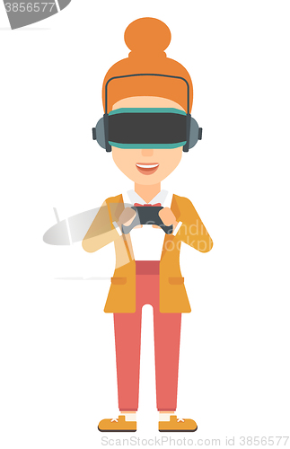 Image of Woman wearing virtual reality headset.