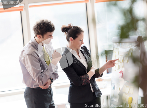 Image of young couple working on flip board at office