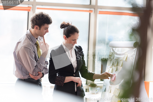 Image of young couple working on flip board at office