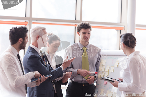 Image of young startup businessman making presentation to senior investio