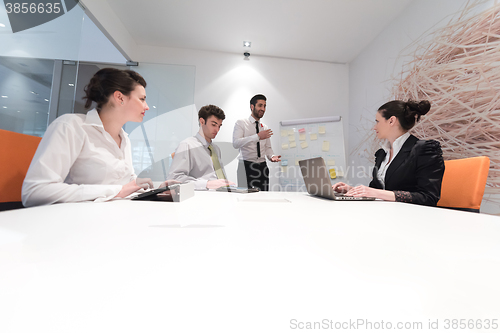 Image of business people group brainstorming and taking notes to flip boa