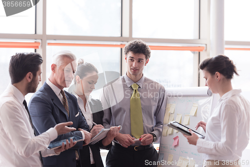 Image of young startup businessman making presentation to senior investio