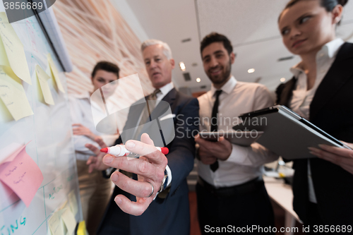 Image of business people group brainstorming and taking notes to flipboar