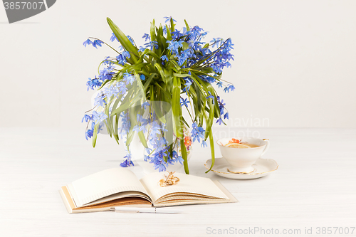 Image of Tea with  lemon and bouquet of  blue primroses on the table