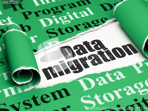 Image of Information concept: black text Data Migration under the piece of  torn paper