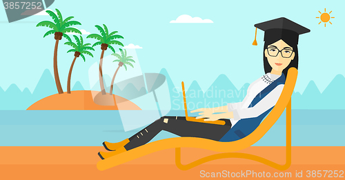 Image of Graduate lying on chaise lounge with laptop.