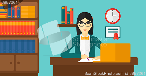 Image of Woman using laptop for education.