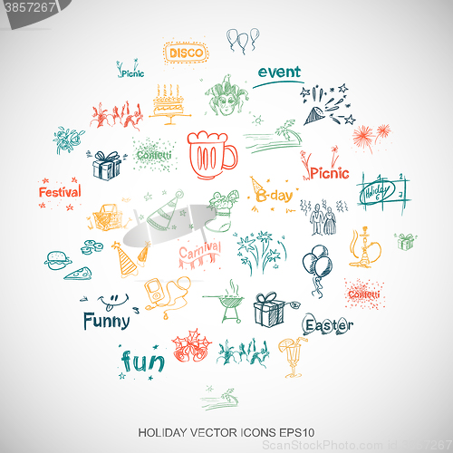 Image of Entertainment, Multicolor doodles Hand Drawn Holiday Icons set on White. EPS10 vector illustration.