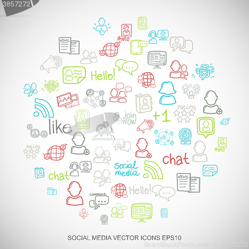 Image of Social media Multicolor doodles Hand Drawn Social Network Icons set on White. EPS10 vector illustration.