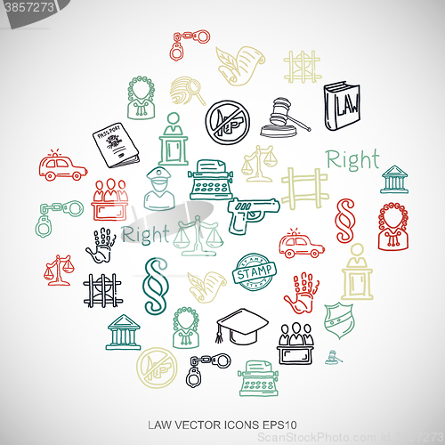 Image of Law Multicolor doodles Hand Drawn Law Icons set on White. EPS10 vector illustration.