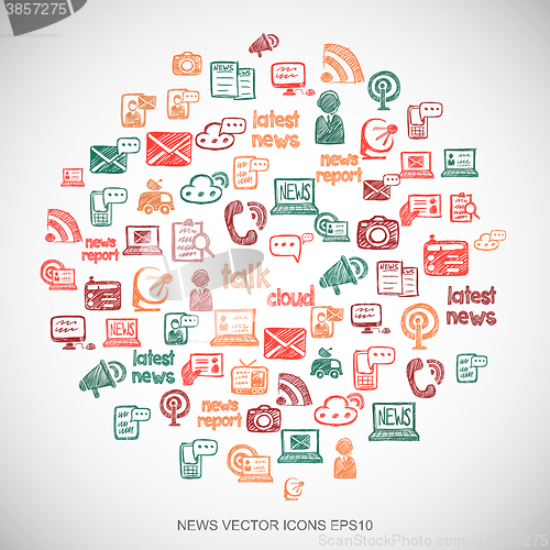 Image of News Multicolor doodles Hand Drawn News Icons set on White. EPS10 vector illustration.