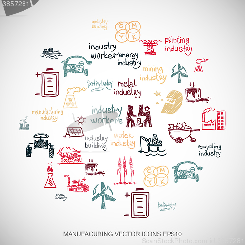 Image of Industry Multicolor doodles Hand Drawn Industry Icons set on White. EPS10 vector illustration.