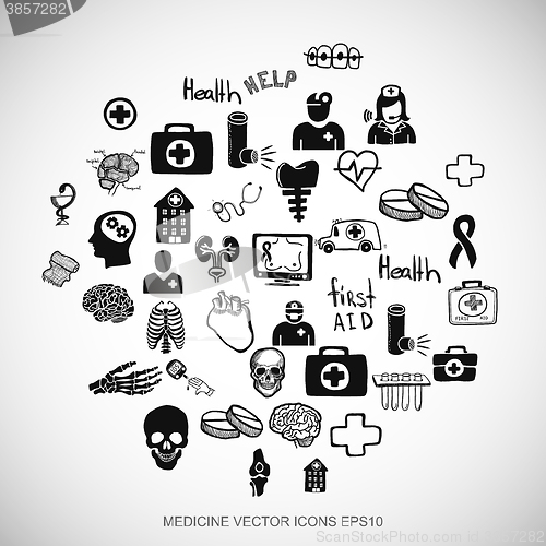 Image of Healthcare Black doodles Hand Drawn Medicine Icons set on White. EPS10 vector illustration.