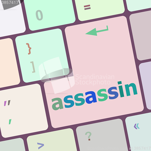 Image of assassin word on computer pc keyboard key vector illustration