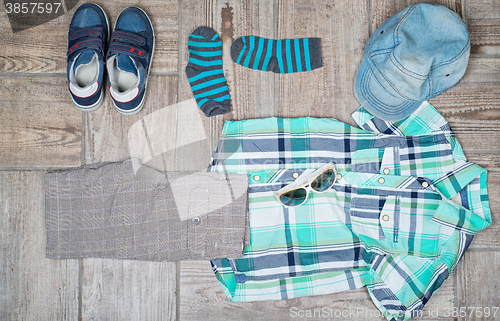 Image of Flat lay photography of boy\'s casual outfit. 